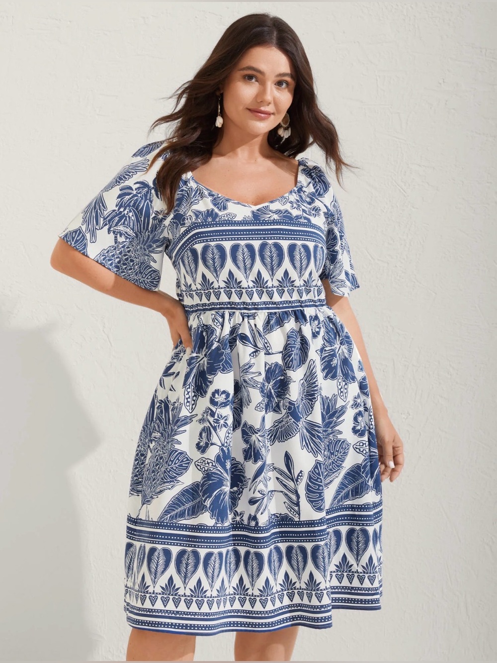 Tropical Hawaiian Mini Dress Plus Size 18/20 Blue White Puff Sleeve Cottagecore